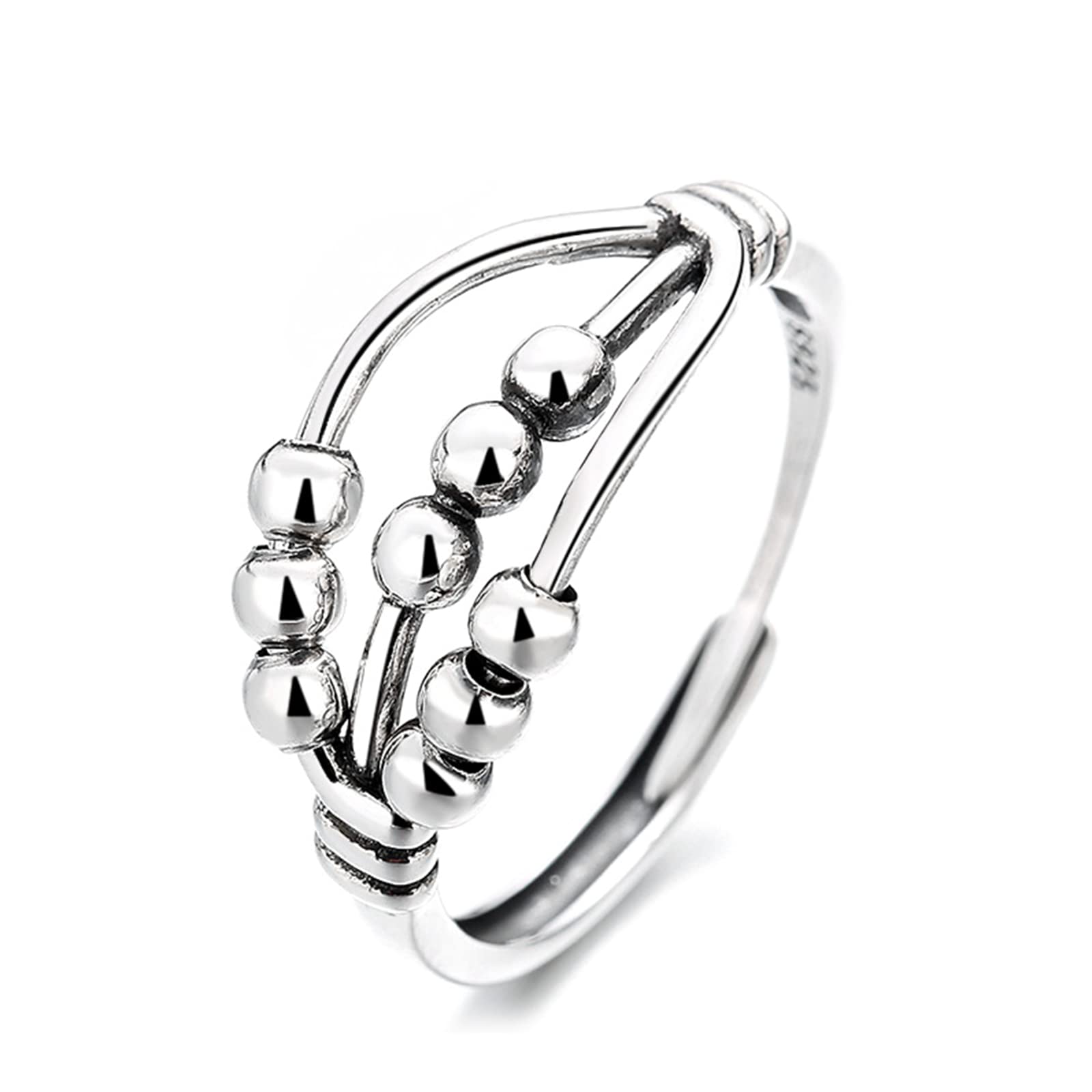 Anxiety Ring with Beads for Women Girl Men 925 Sterling Silver Adjustable Ease Anti Fidget Spinner Band Ring Relieving Stress Adhd Spinner Rings Gift for Christmas Valentines Mothers Day
