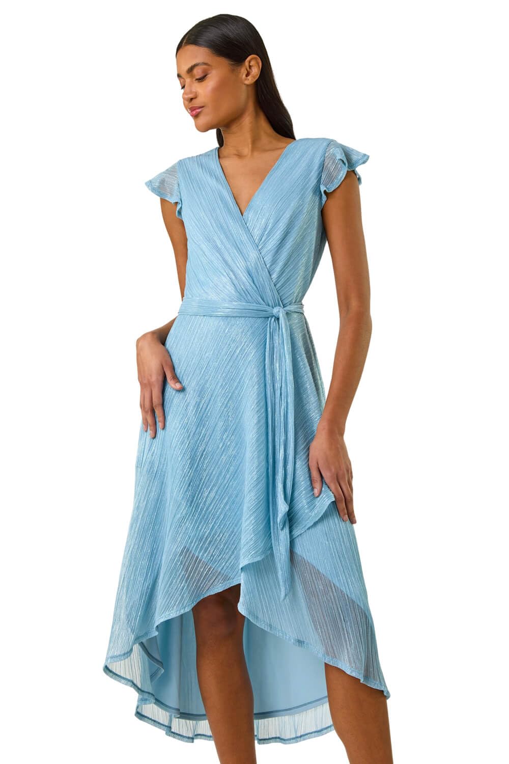 Roman Originals Shimmer Plisse Wrap Dress for Women UK - Ladies Everyday Holiday Spring Summer V-Neckline Comfy Soft Evening Vacation Work Party - Blue - Size 18