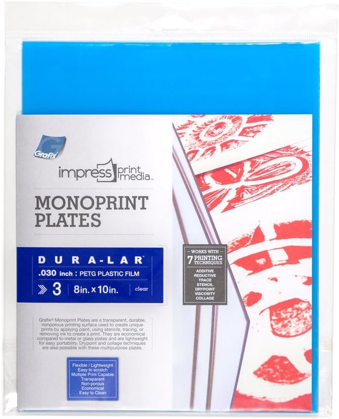 GrafixImpress Print Media Monoprint Plate – 8 x 10”, Pack of 3 – Transparent, Lightweight, Non-Porous .030” Dura-Lar Monoprinting Surface, Economical Alternative to Metal or Glass Plates
