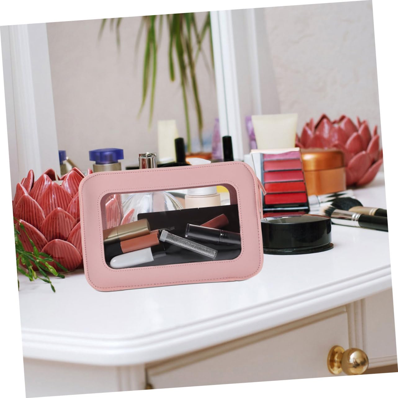 Neceser Transparente de PVC Rosa para Viaje, 2 Piezas