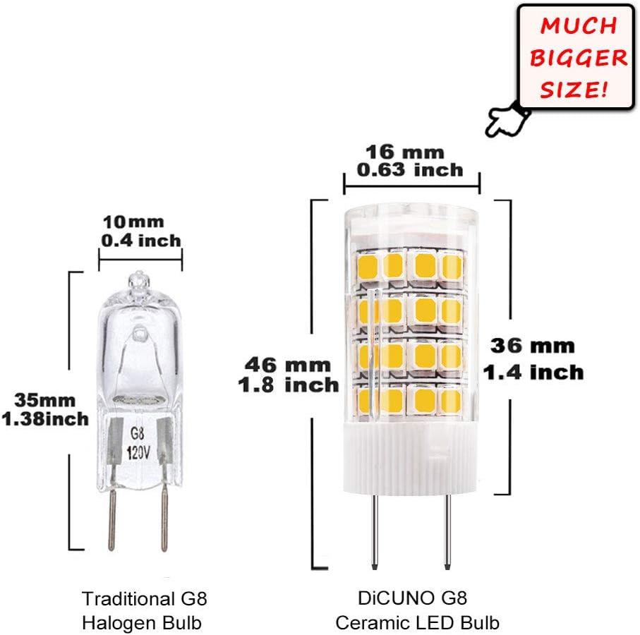 DiCUNO G8 LED Bulb, 4W Warm White 3000k, Under Cabinet Counter Light, 40w Equivalent Halogen Replacement, 10Pcs, Note: Must Check Size Before Purchase (See Picture 2&3)