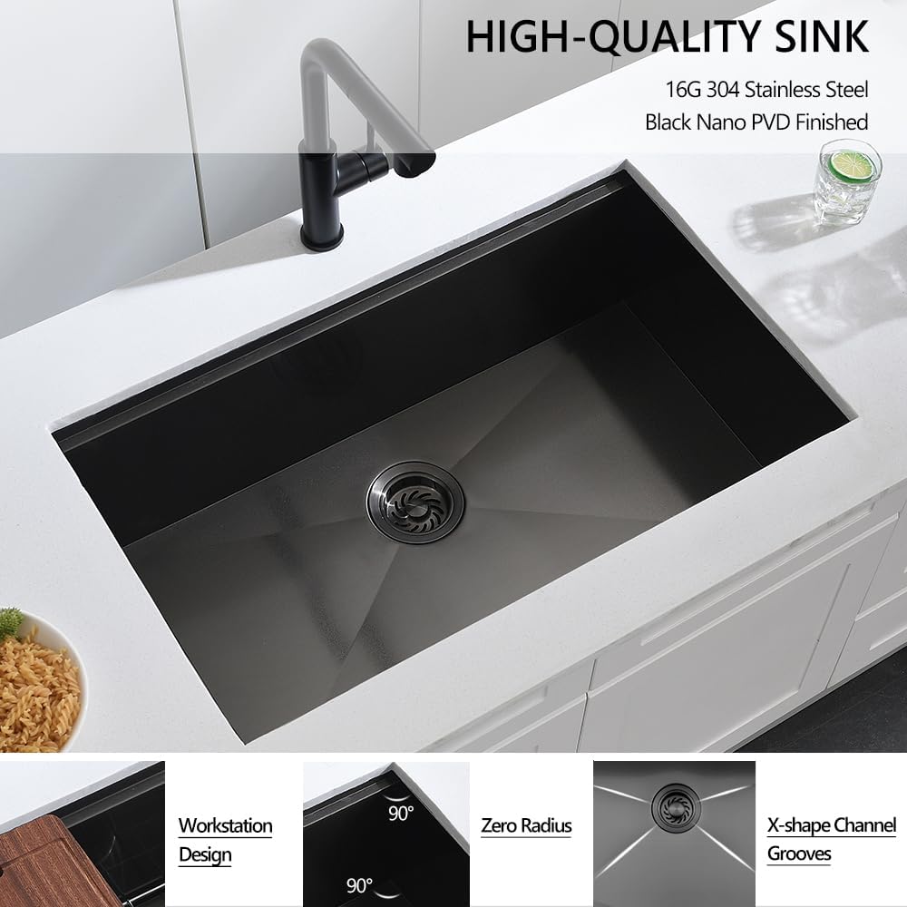 32 Black Kitchen Sink Undermount, 32 x 19 x 10 In Dorzom 16 Gauge Black Stainless Steel Kitchen Sink Workstation Single Bowl Sink with Accessories