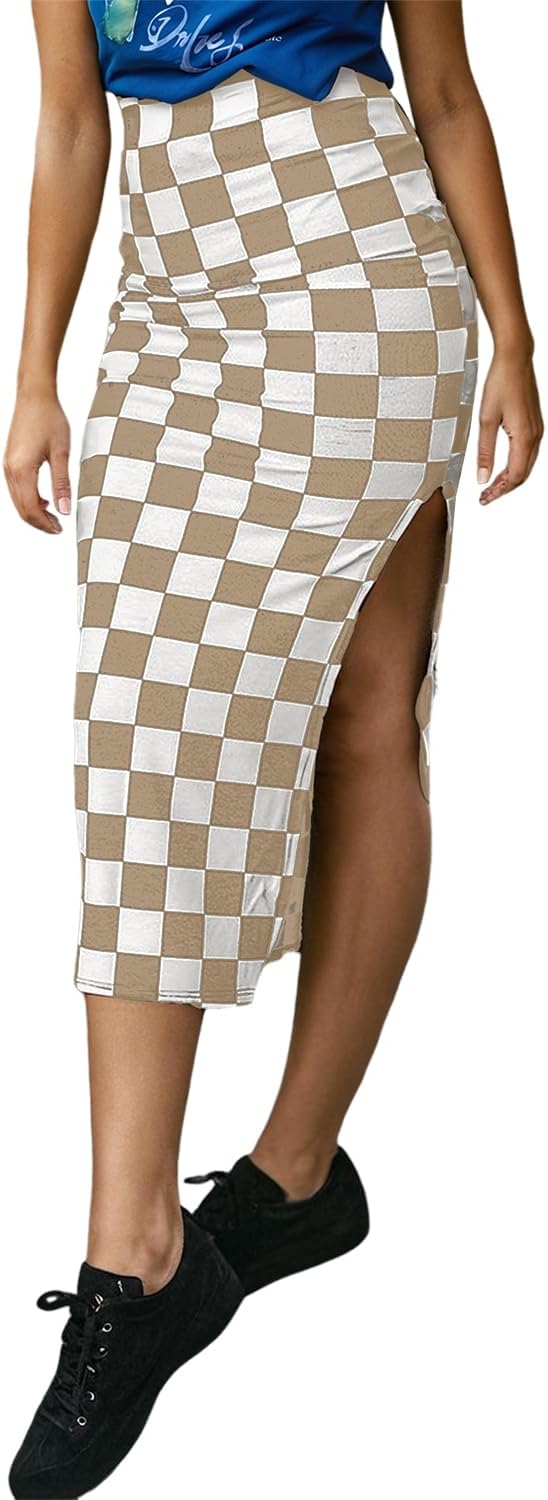EARKOHA Checkered Slit Midi Skirt for Women Summer High Waisted Sexy Bodycon Skirts