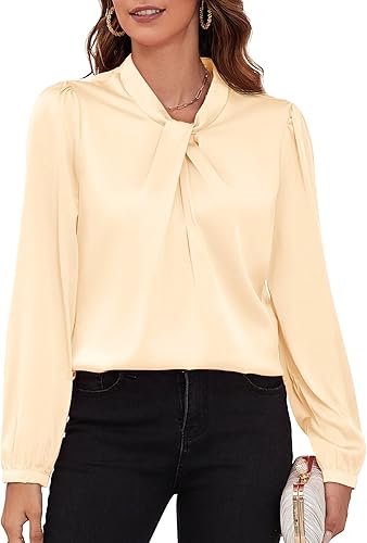 COUXILY Womens Dressy Tops Long Sleeve Silk Satin Blouse Shirts Mock Neck Tops f