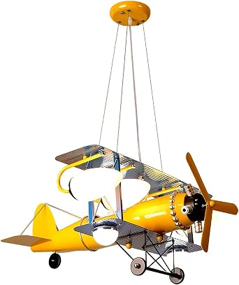 Cartoon Yellow Airplane Chandelier 27.5 Kids Ceiling Light Aircraft Modern Combat Helicopter Model with Glass lampshade Hanging Lighting for Children Bedroom Bedroom, Nursery Room
