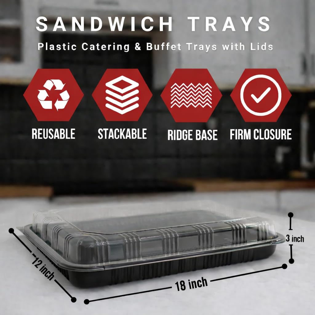 Confezione da 6 vassoi per sandwich con coperchio, riutilizzabili, in plastica, per la preparazione di pasti, torte, dolcetti e panini (33,5 cm x 24 cm x 6 cm)