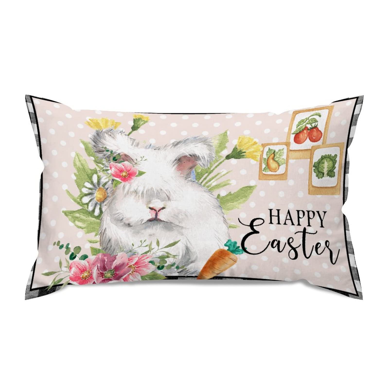 Black Plaid Cute Easter Rabbit with Flower Egg Lumbar Pillow Covers Farmhouse 12x20 Canvas Easter Bunny Cushion Covers Rectangle Pillow Covers Outdoor for Couch Home Decor