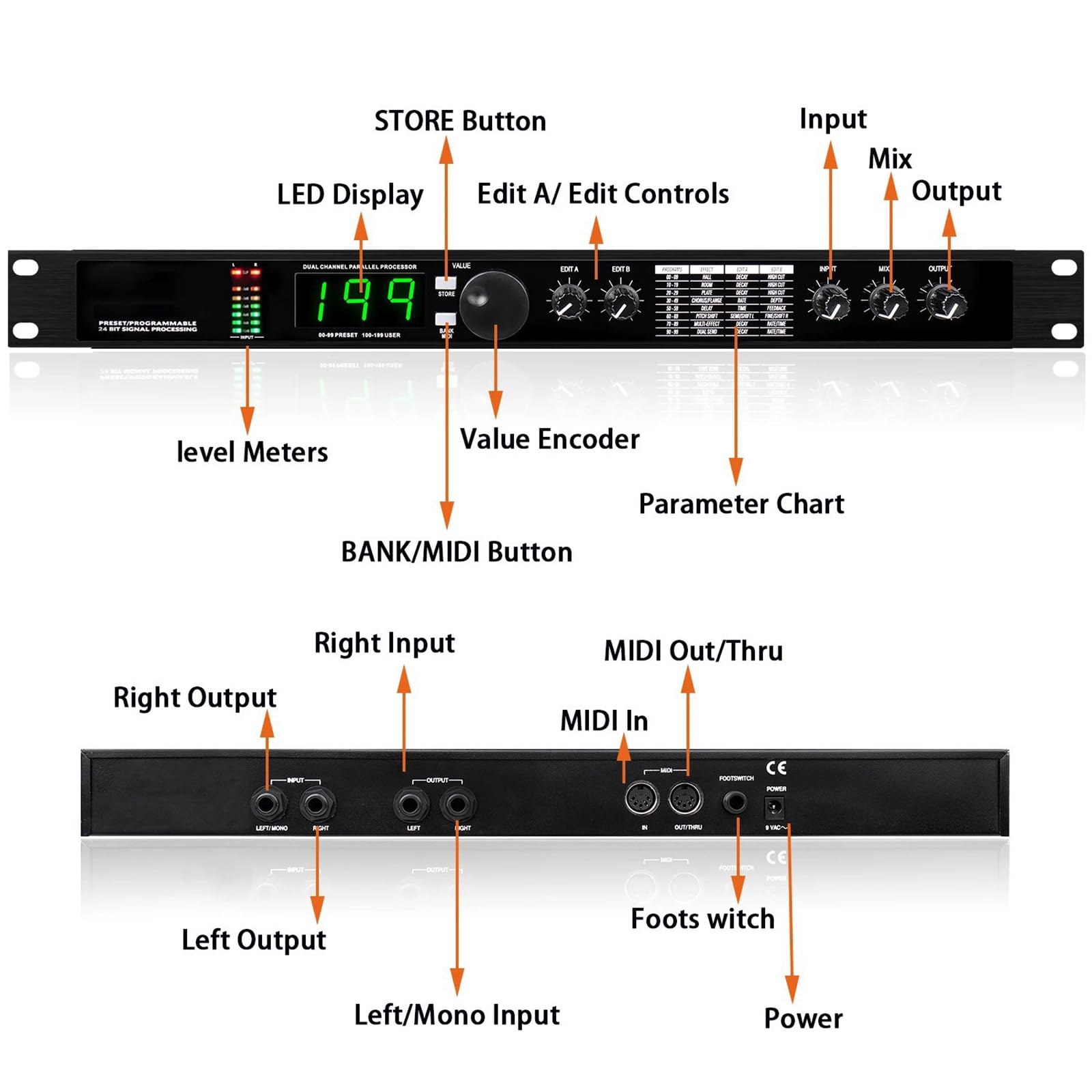 Procesador Multiefectos De Reverberación Digital, Ecualizador De Audio, Procesamiento De Señal De 24 bits Preestablecido/programable, 99 Programas Preestablecidos, para Micrófono Vocal