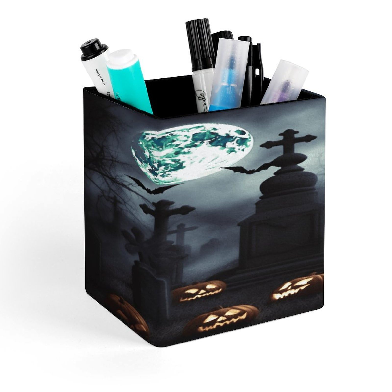 FekiLoot Gothic Happy Halloween Pen Holder for Desk Minimalist Leather Pencil Holder Fashion Modern Pencil Cup Decorative Square Pen Cup Locker Organizer for Office Work Locker Accessories