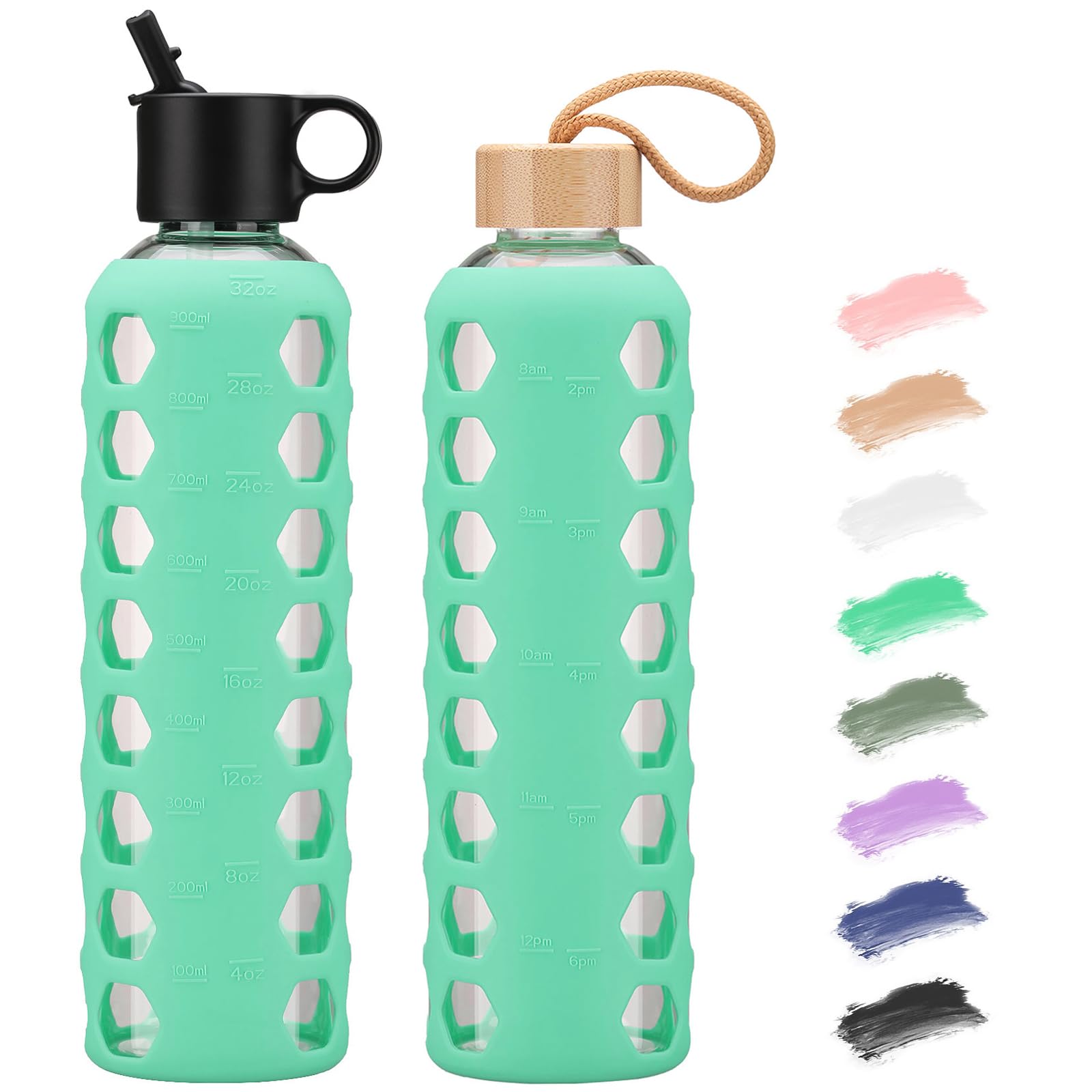 BLUEGO Borracce in vetro, 900ml Bicchiere in vetro, Bottiglie per bere con 2 coperchi, Bottiglia per l'acqua sportiva con custodia in silicone, A prova di perdite, Verde