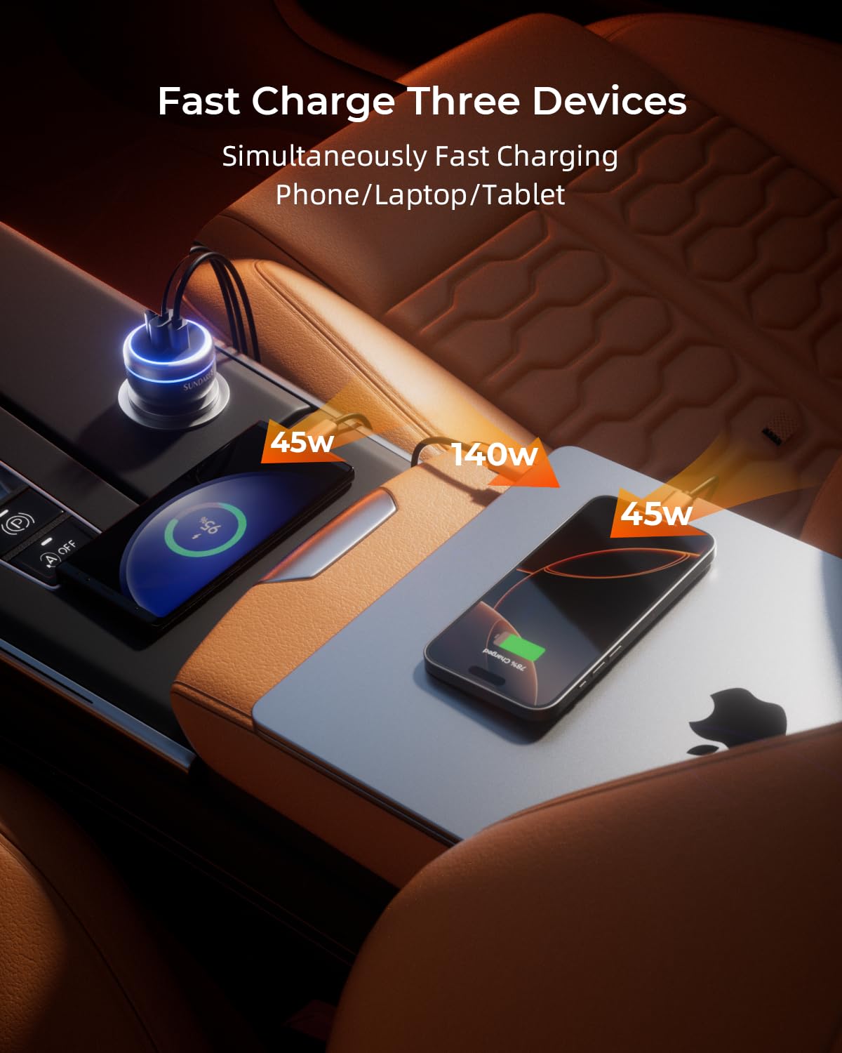 Cargador rápido USB C de 230 W, adaptador de cargador de coche múltiple de 3 puertos, carga rápida PD140W/PPS63W/QC45W compatible con iPhone 16/15Pro/MacBook/iPad/portátil/SamsungS24