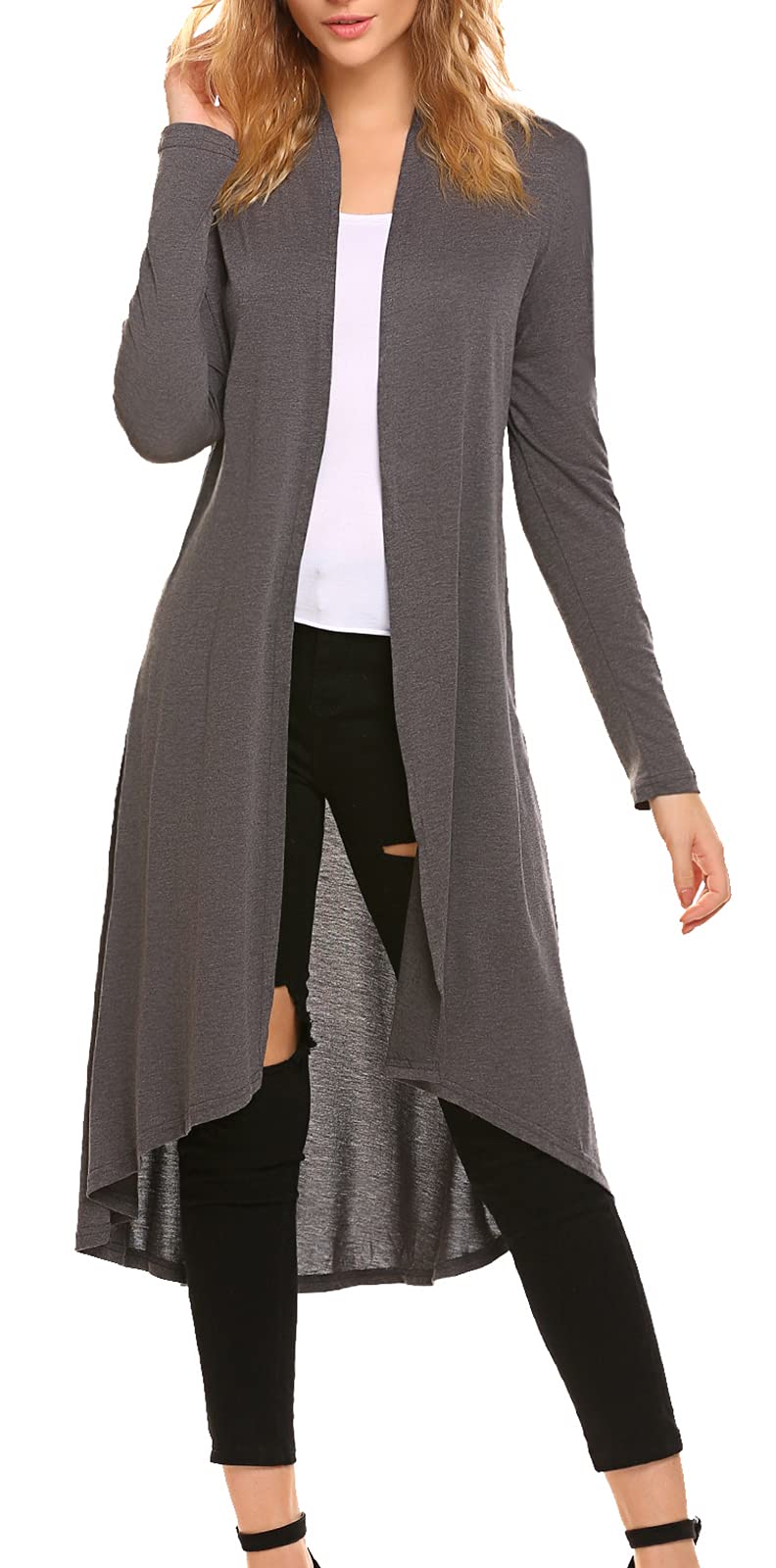 POGTMMWomen's Casual Long Open Front Drape Lightweight Duster High Low Hem Maxi Long Sleeve Cardigan (S-3XL), Dark Gary, 12-14