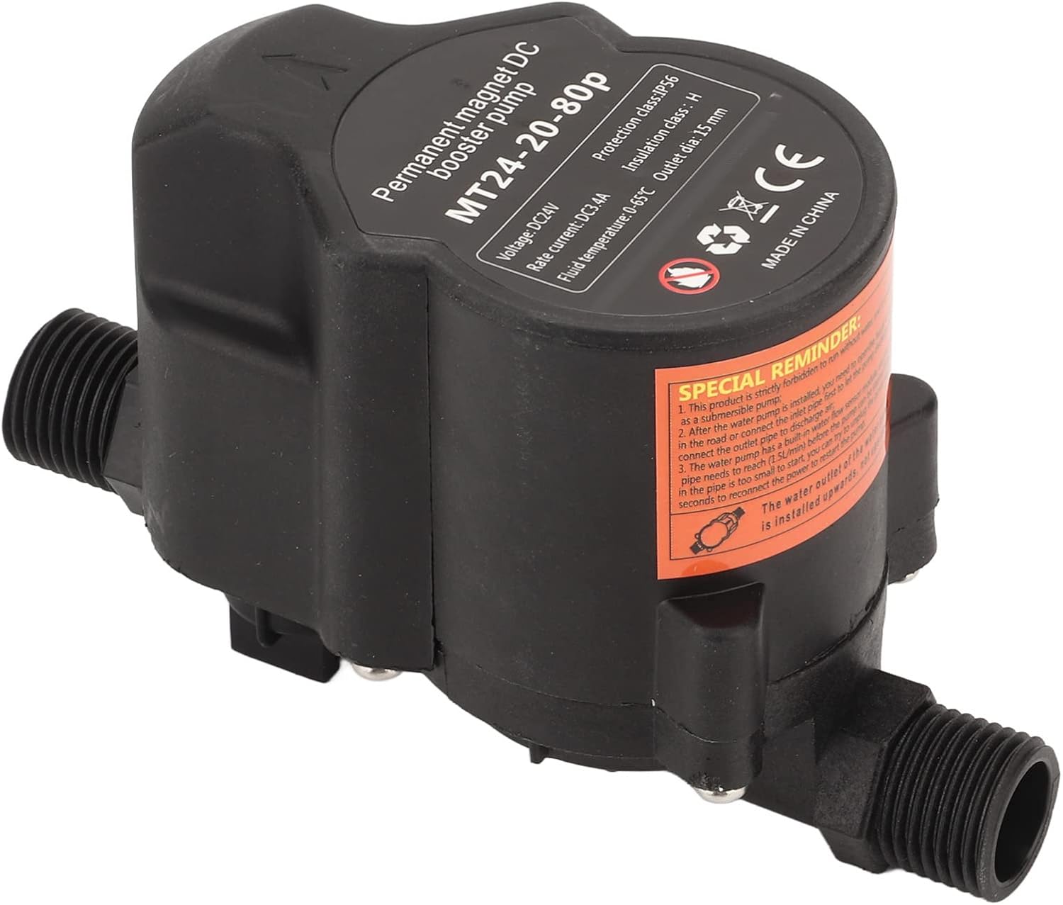 Close-up of pump with warning label