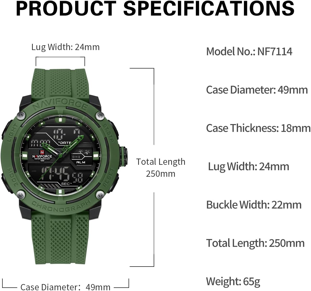 NAVIFORCE 5ATM Waterproof Sport Watches for Men Silicone Band Quartz Analog Digital Alarm Clock Chronograph Luminous Wristwatch - Image 4