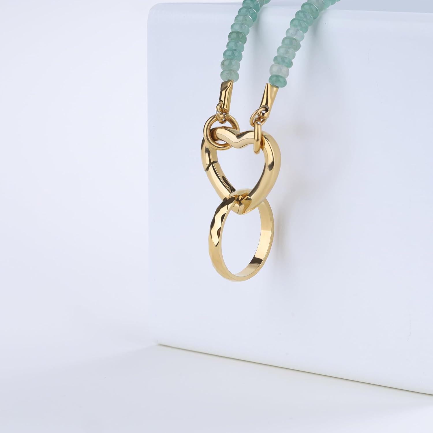GAVU Heart Ring Holder Necklace for Women, Gemstone Beads Charm Necklace Onyx Green Aventurine Beaded Necklace for Women