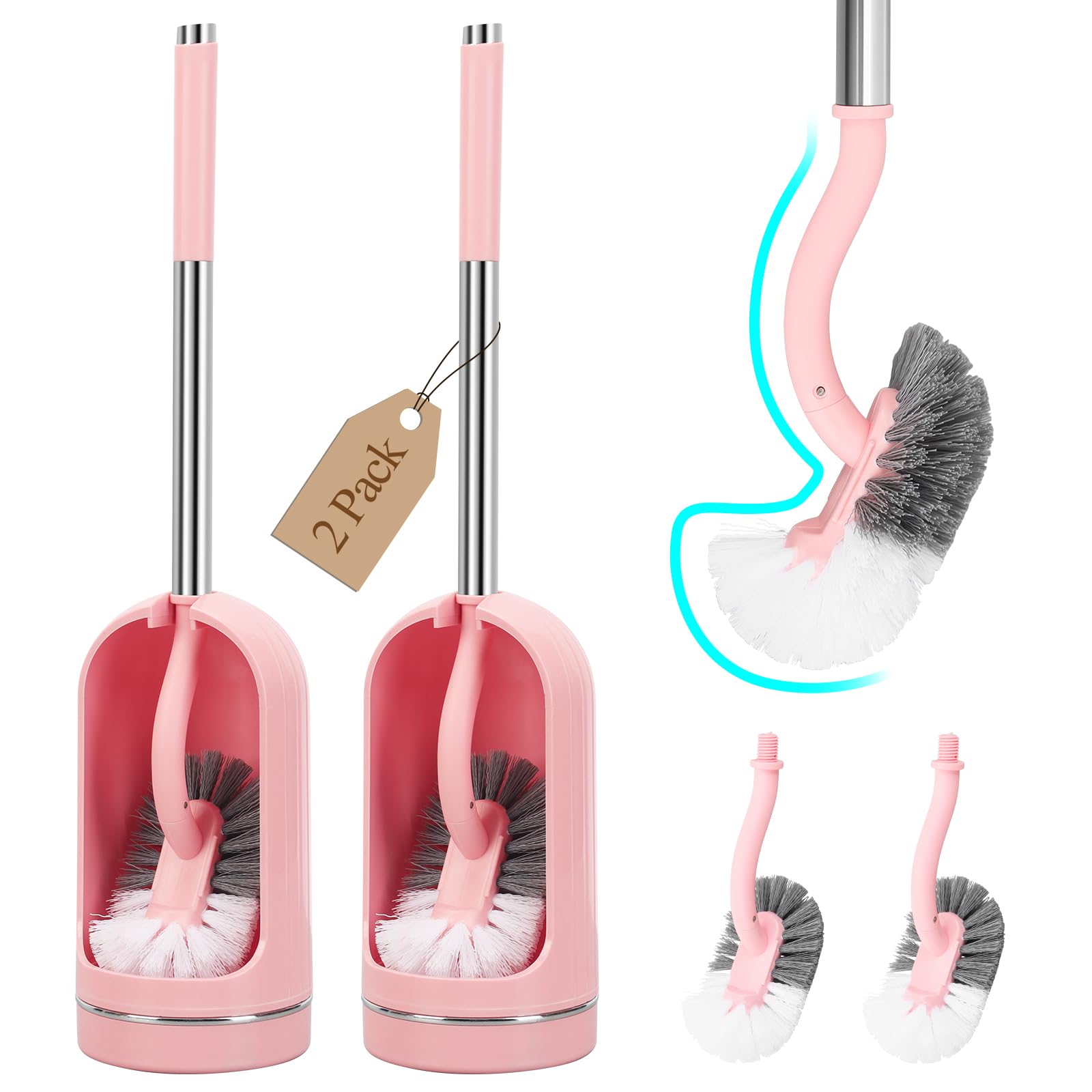 Toilet Brush, Toilet Brushes with Holders, Curved Toilet Brush with Edge Cleaner, Stainless Steel & Plastic Handle, Bathroom Cleaning Brush, Loo Brush Replacement (2, Pink)