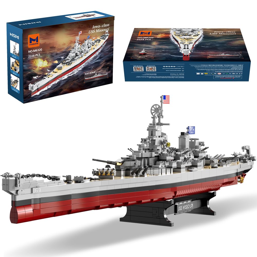MISINI M6320 Military Series WWII Battleship Clamping Building Blocks Technology, 2228 Pieces USS Missouri Battleship, Large MOC Toy Ship Gift Building Set for Adults (Iowa)