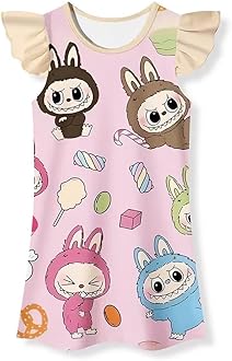 Girls Cute Cartoon Gown Dress Flutter Sleeves Kids Round Neck Party Wear Oufits