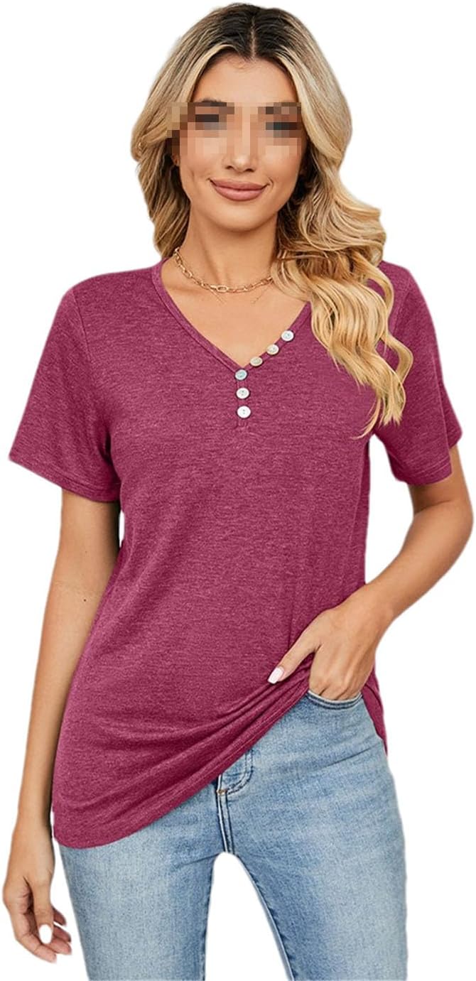 Tunica Donna BISHUIGE Henley Maniche Corte - Scollo A V Con Bottoni - Casual Morbida