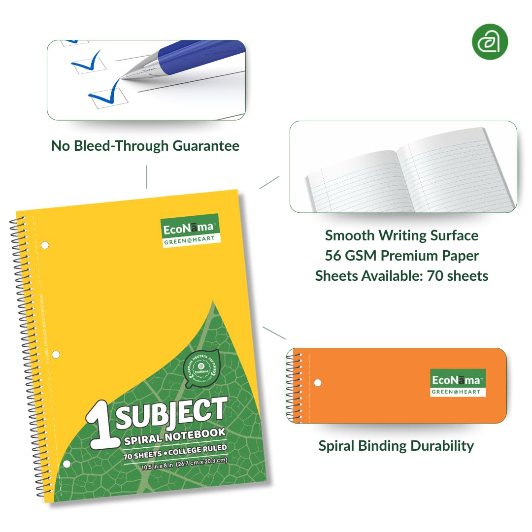 Cuaderno con espiral, rayado universitario, 140 páginas (70 hojas) de 8 x 10.5 pulgadas, carbono perforado neutro, 3 agujeros, ecológico, suministros escolares y de oficina, paquete de 6