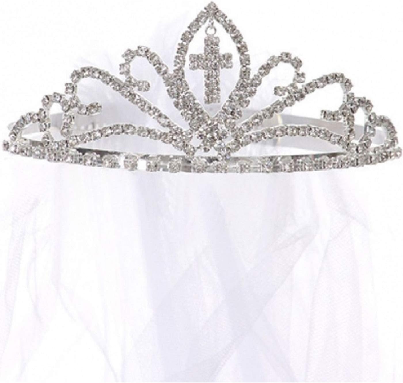 Dangling Cross Rhinestone Ribbon Tiara Princess Communion Flower Girl Veil
