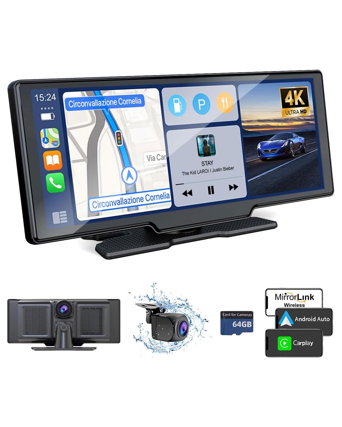 Car Play Screen with 4K Dash cam 10.26 Inch Compatible with Apple Carplay/Android Auto, Carplay Screen for Car 1080P Backup Camera GPS Navigation/