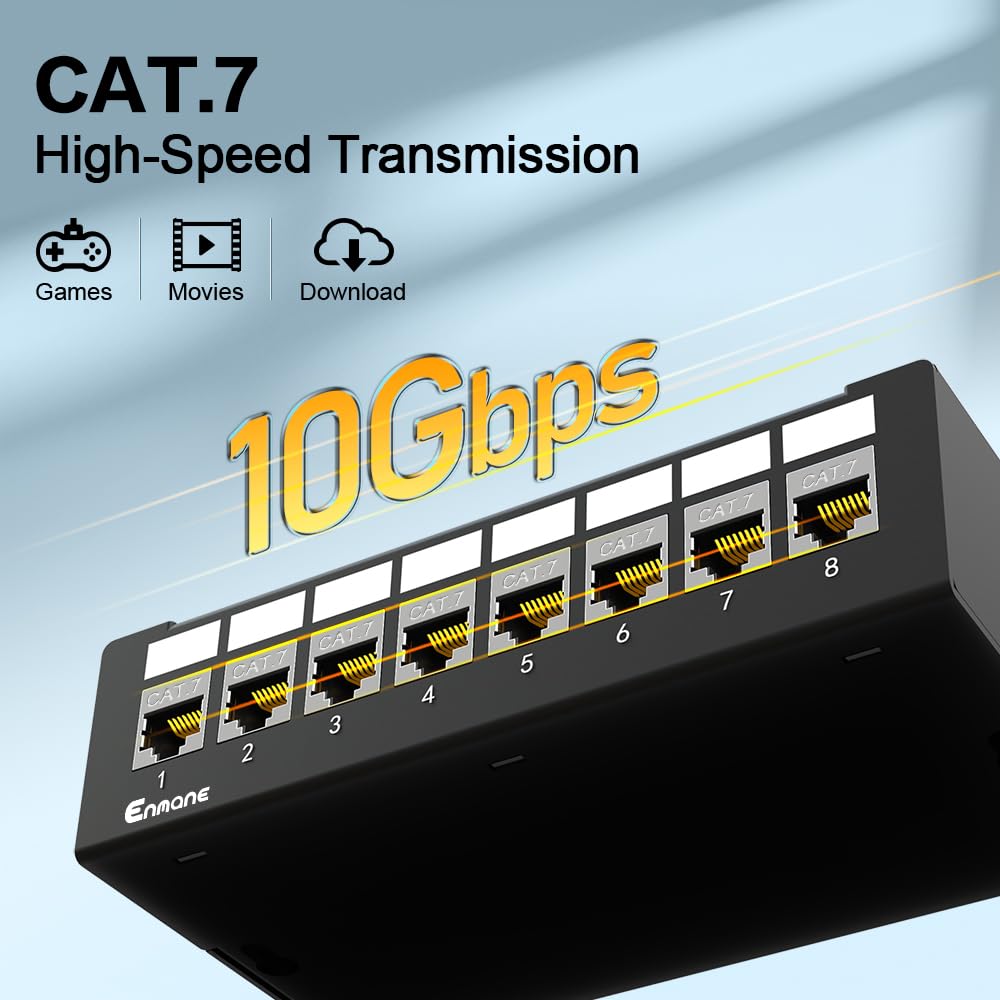Panneau de brassage 8 ports CAT7 Keystone Panneau de brassage réseau blindé avec gestion intelligente des câbles pour réseau maison/bureau (1U 8 ports, CAT7)