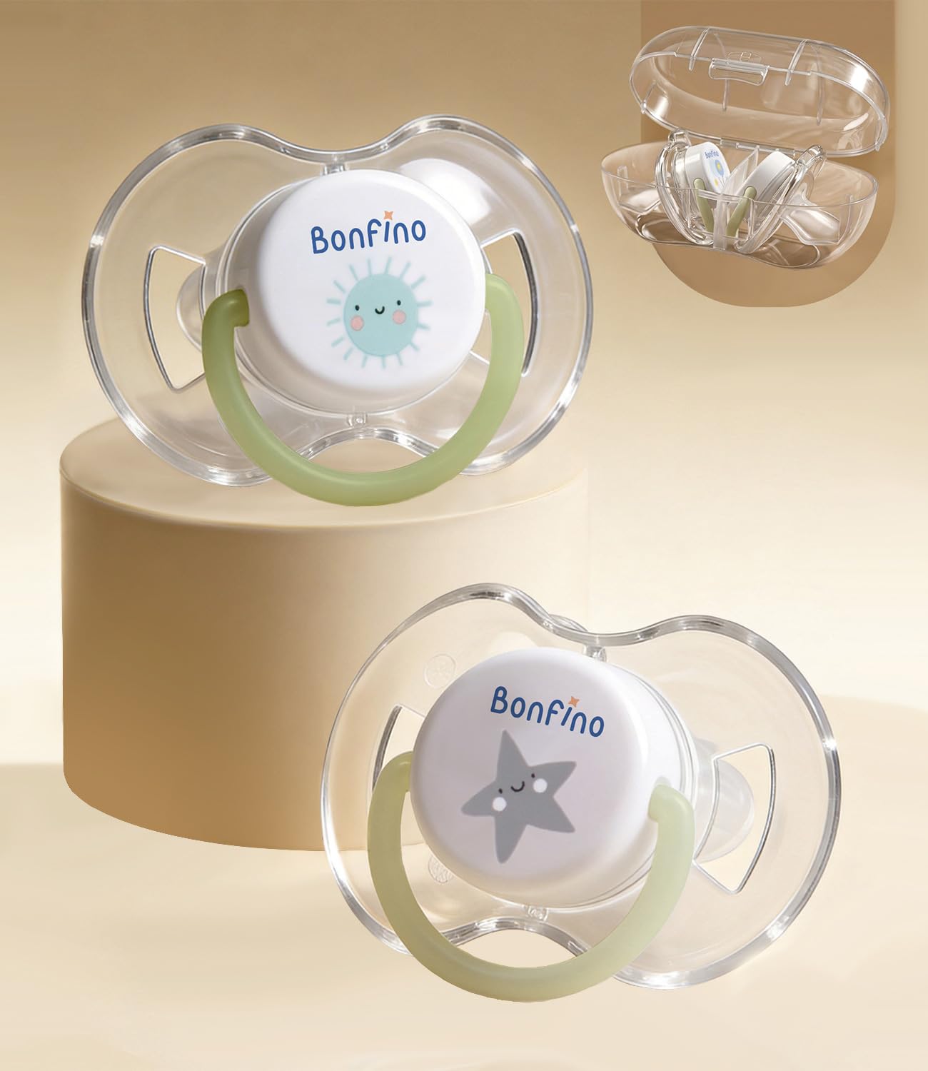Bonfino Airy Tritan Pacifier for Babies,Orthodontic Silicone Teat,Breathable Ventilation Shield,Glow in The Dark Ring,Lightweight Baby Safe Design with Sterilizer Case,3 Months+,Pack of 2 (Sun+Star Print)-image-45