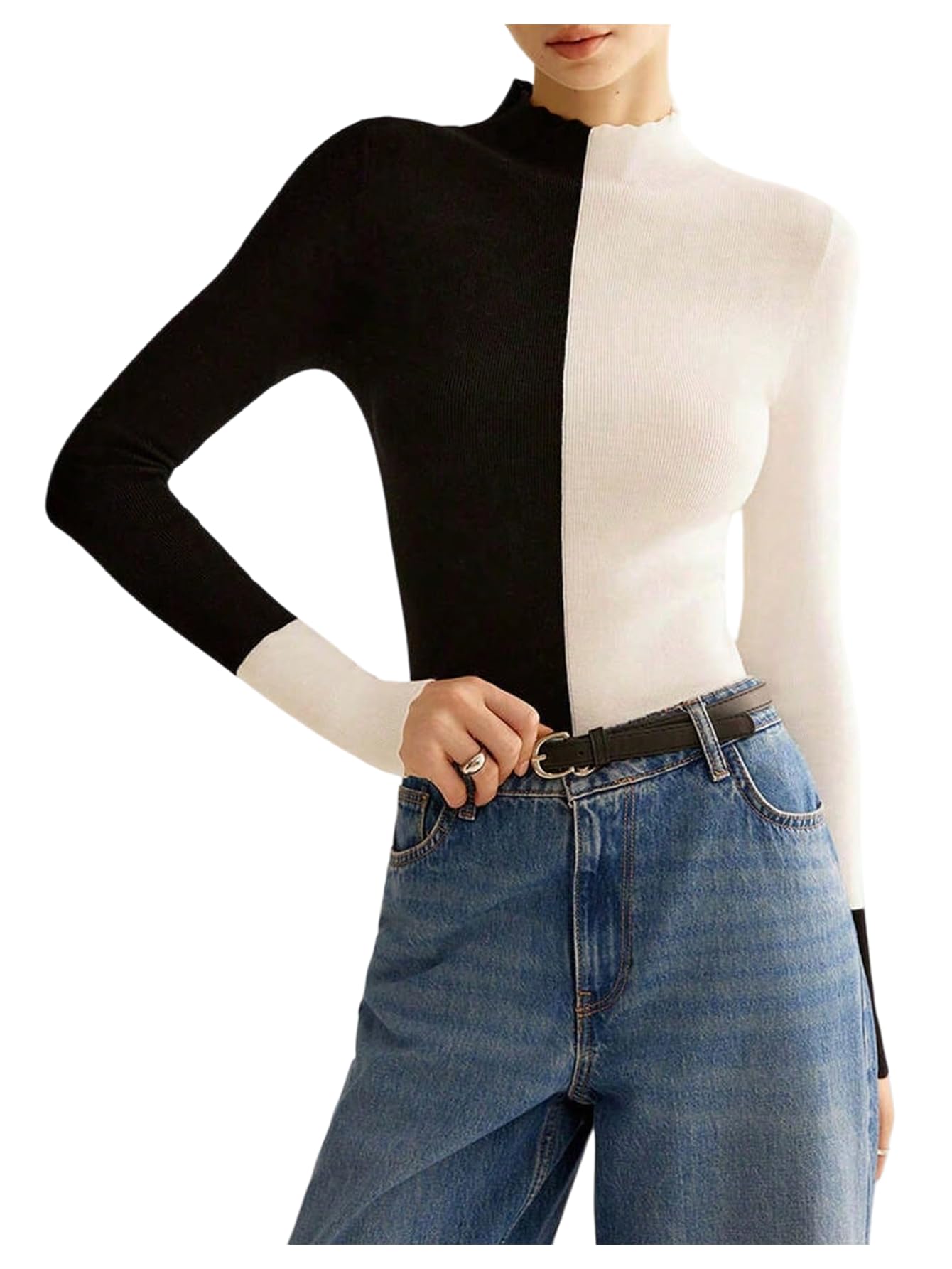 Floerns Womens Colorblock Long Sleeve Sweater Mock Neck Knit Fall Outfit Casual Pullover Tops