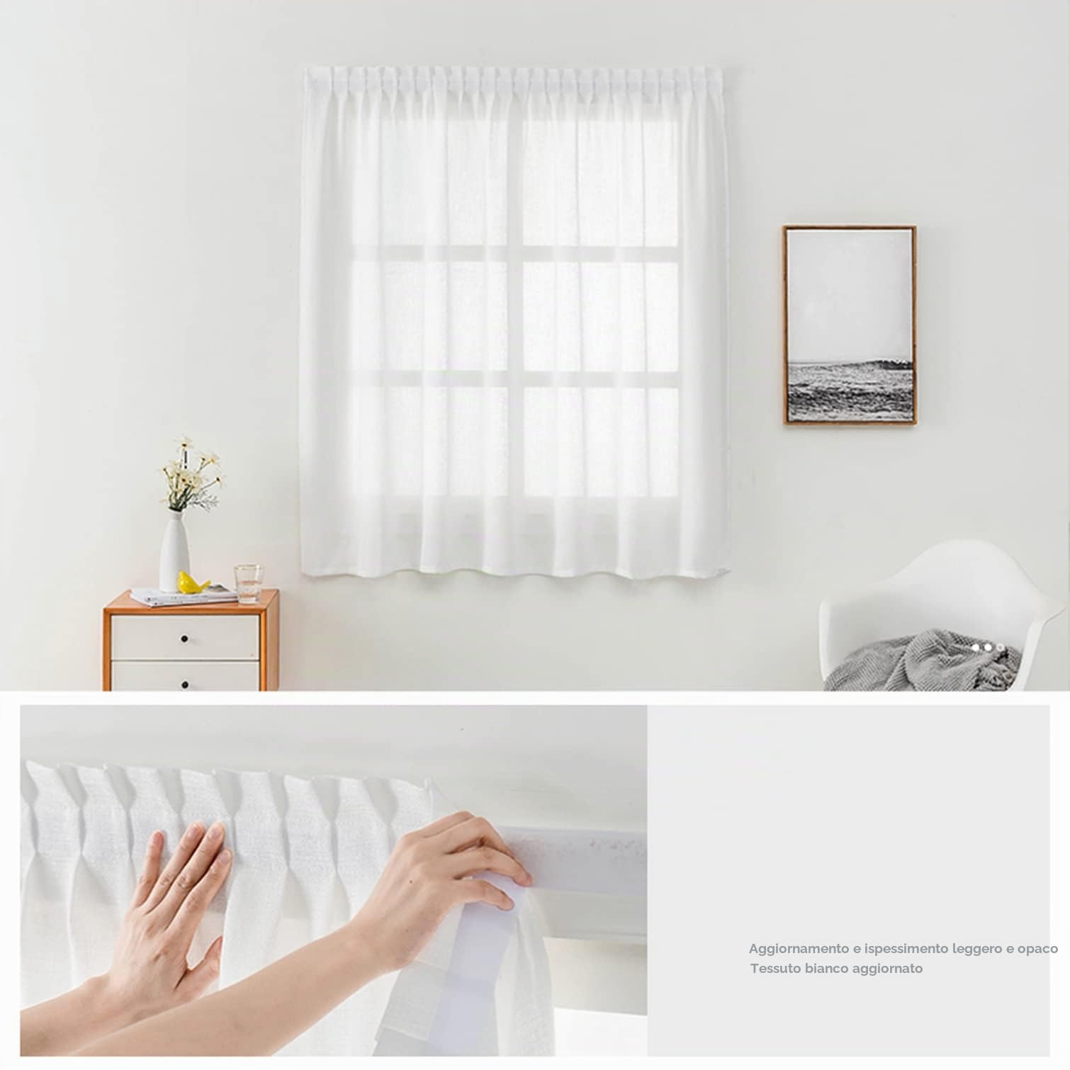 Tende Oscuranti con Autoadesivo,Senza Fori,Tende Isolanti Termiche Rimovibili in Lino Cotone,per Pannello Drappeggiato Privacy Finestra Camera da Letto Soggiorno (White,W180xH200cm(71x79in))
