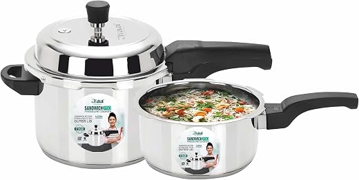 JIAA SANDWICHPRO Stainless Steel Pressure Cooker COMBO 2 &amp; 3 LIT - Outer Lid - Induction &amp; Gas Compatible - Deep Lid for S...