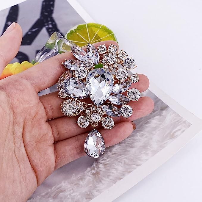 Image of Wedding Bridal Big Crystal Rhinestone Bouquet Brooch Pin for Women (Gold Tear Drop)