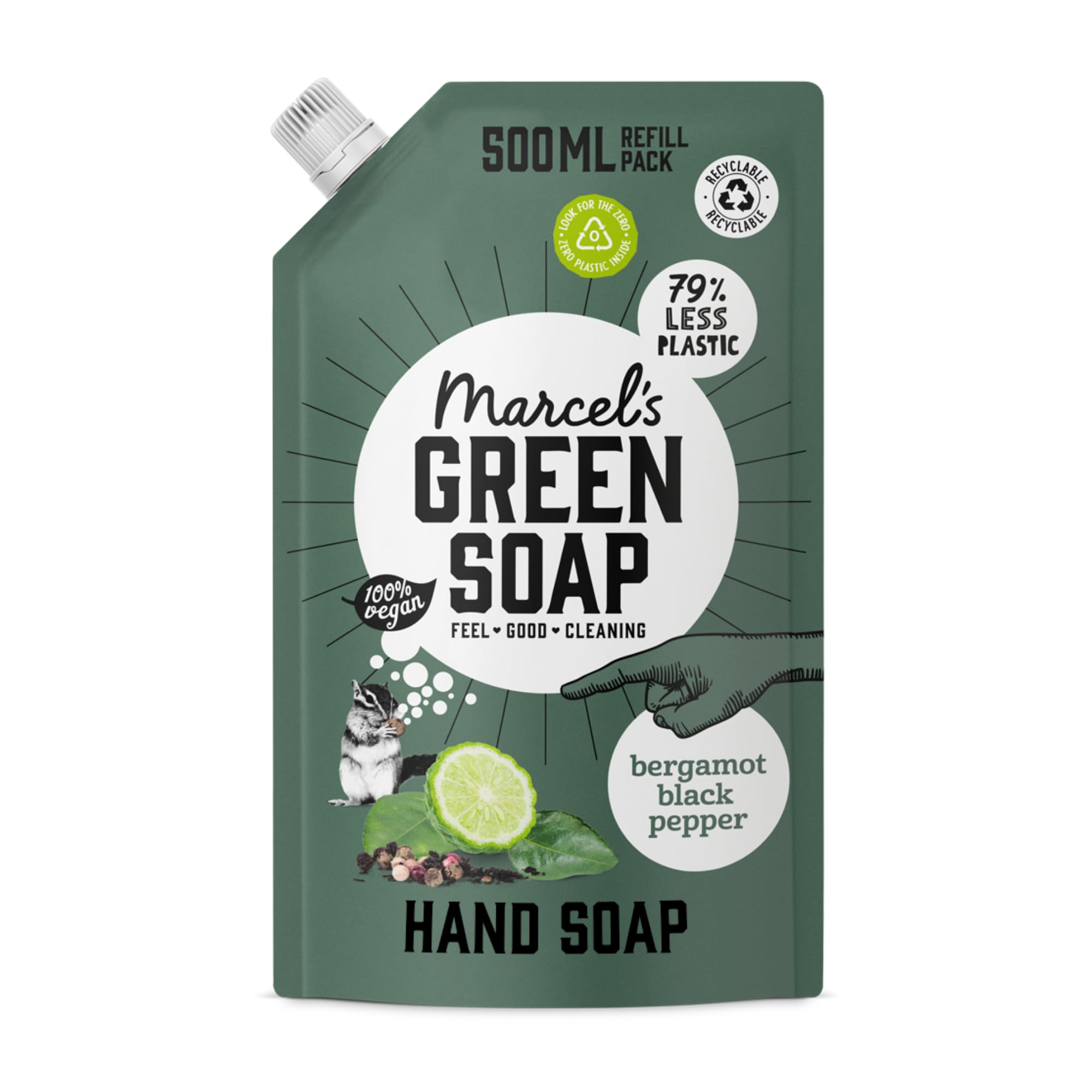 Marcel's Green Soap - Hand Soap Black Pepper & Bergamot Refill - Handwash Refill Pack - Vegan - 97% Biodegradable - 500ml