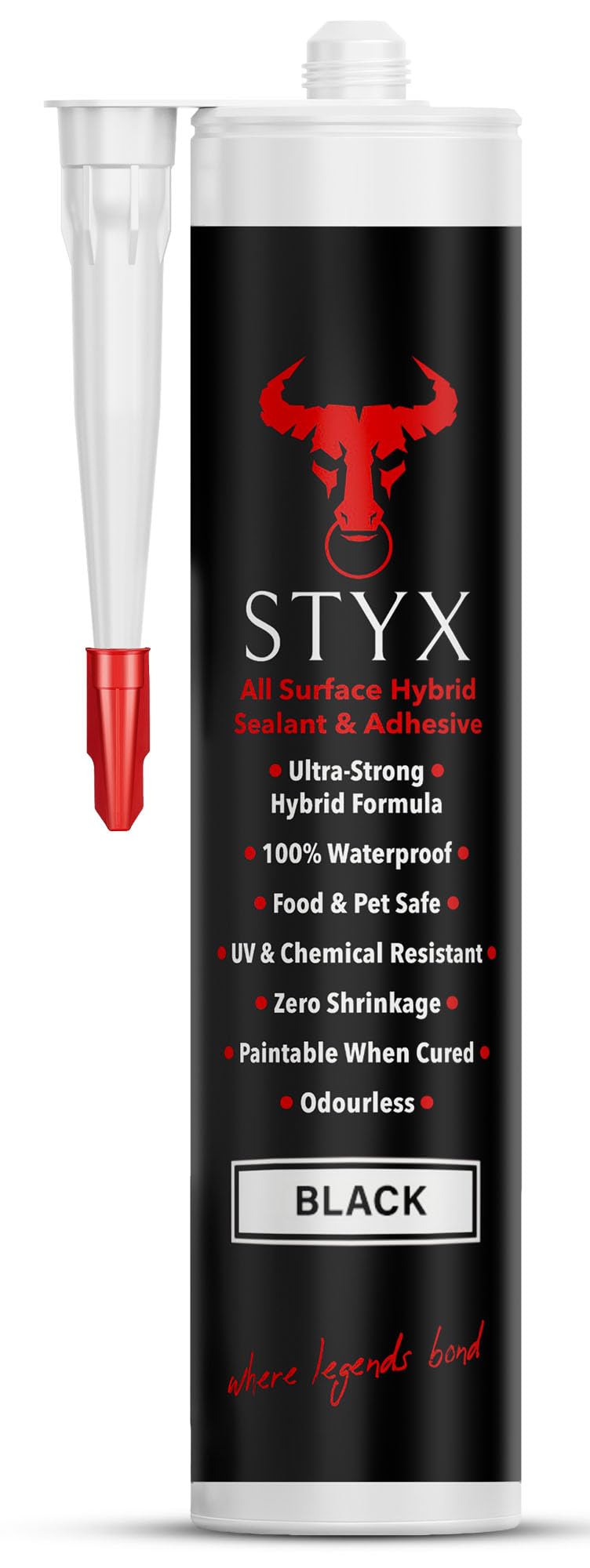 STYX Black Sealant Waterproof, Window Sealers, Outdoor Sealer for Leaks Concrete Glass Metal, Shower Sealant, Marine Grade, Aquatic Hybrid Adhesive, Caulking, MS Polymer Black Adhesive, 300ml