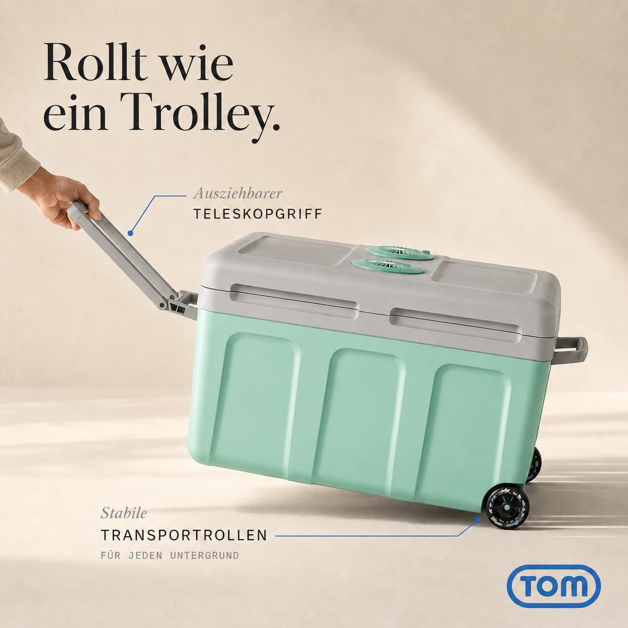 TOM 2in1 XXL Kühlbox 40l mit Kühl- und Heizfunktion – elektrische Coolbox mit Rollen – 230V & 12V Strom Anschluss – Elektrisch – für Auto, Camping, Wohnwagen & Co – Plus Geschenk
