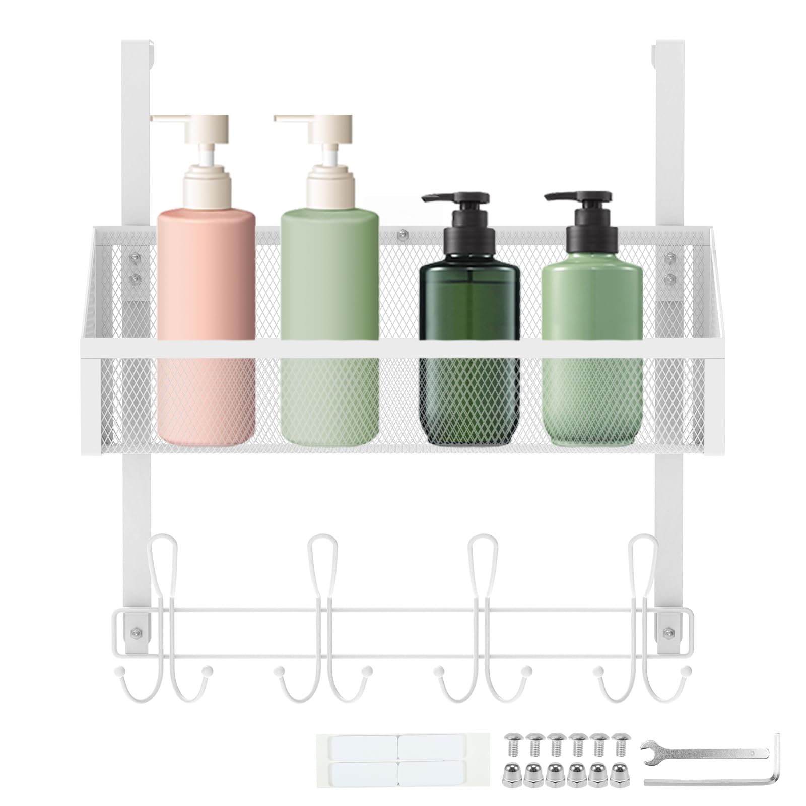Nihuifdpy White 1 Layer Over The Door Hooks Over Door Hanger With 8 Hooks And Mesh Basket, Rust Proof No Drilling Over The Door Towel Rack, Metal Over The Door Hooks Hanger For Kitchen Bedroom Bathroom