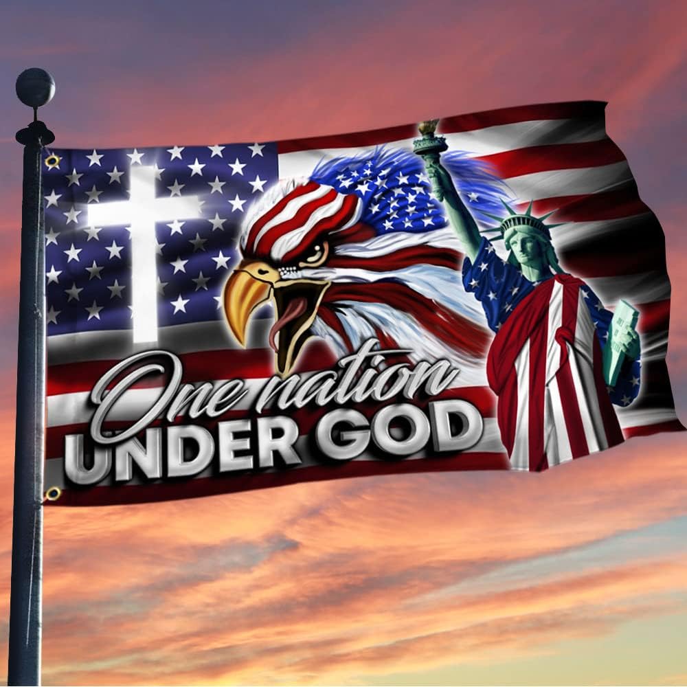 Faithgee Double Sided US Eagle Cross Freedom Grommet Flag One Nation Under God American Eagle Grommet Flag Outdoor Garden Flag with Statue of Liberty, 4x6'