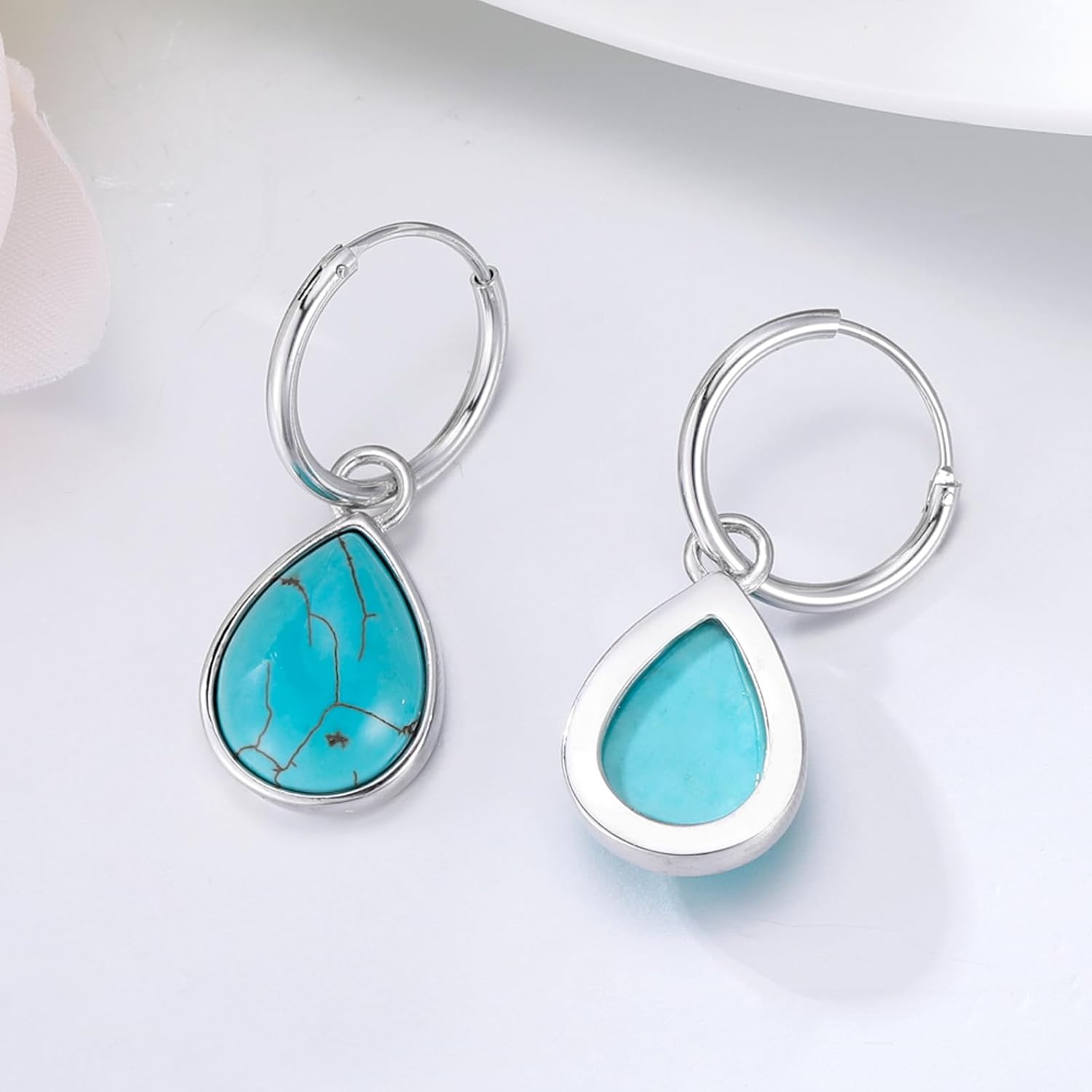Genuine Teardrop Turquoise Dangle Earrings for Women, Sterling Silver Native American Western Hinged Hoop Earrings Birthday Gift - Image 5
