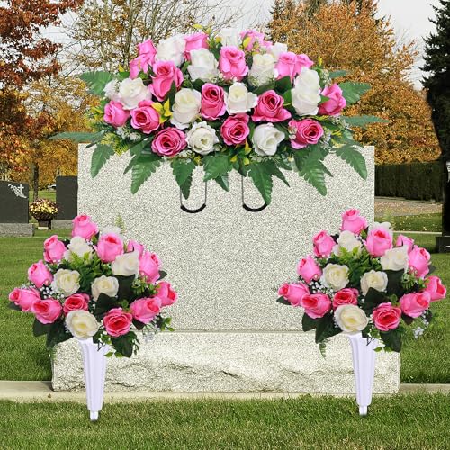 Lodou 3 Pcs Artificial Cemetery Flower Saddles, Rose Headstone Flower Saddle,Cemetery Memorial Flowers with Vase for Outdoor Grave Tombstone Decorations (Pink White) image 4