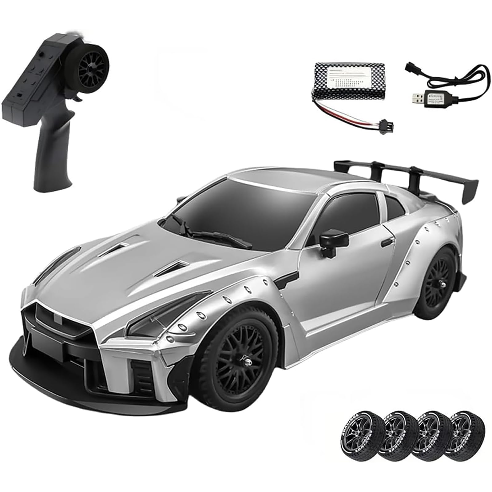 RC Drift Car dla dorosłych, zdalnie sterowany model samochodu wyścigowego w skali 1/16 2,4 GHz, RC Drift Vehicle z podwójną prędkością, podwójnymi oponami i światłami LED,Silver,1 Battery