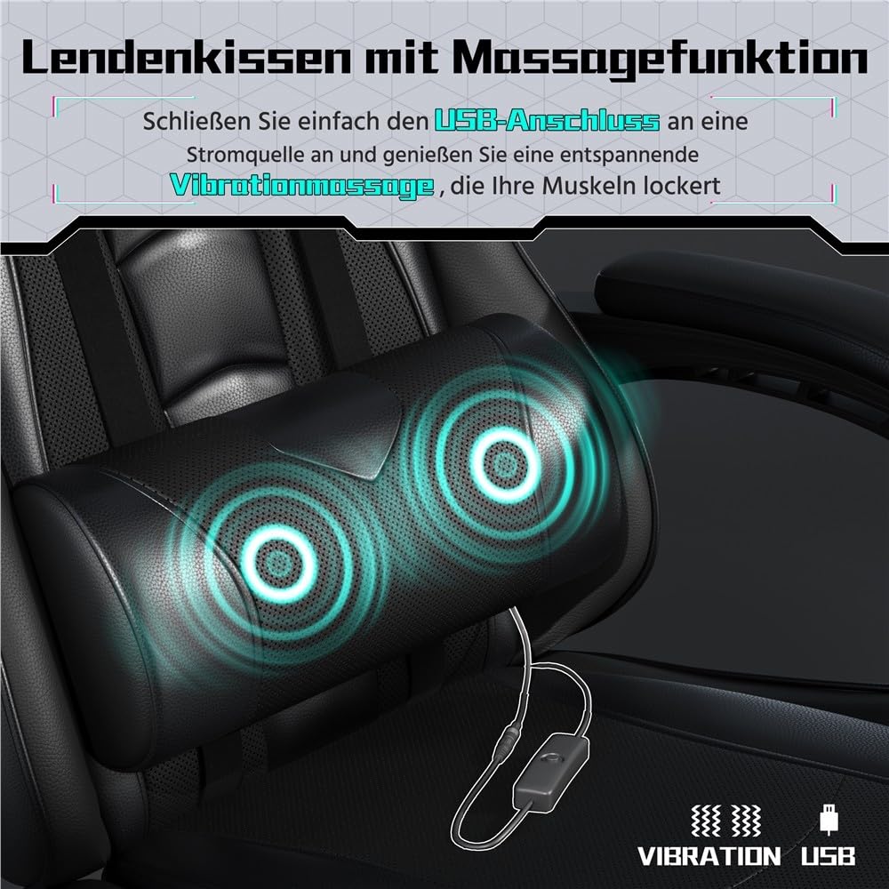 Yaheetech Gaming-Stuhl Ergonomischer Gaming Sessel mit Massagefunktion Computerstuhl Bürostuhl mit Wippfunktion von 125° verstellbar Gamer Stuhl für für Homeoffice und Gaming Schwarz – Bild 9