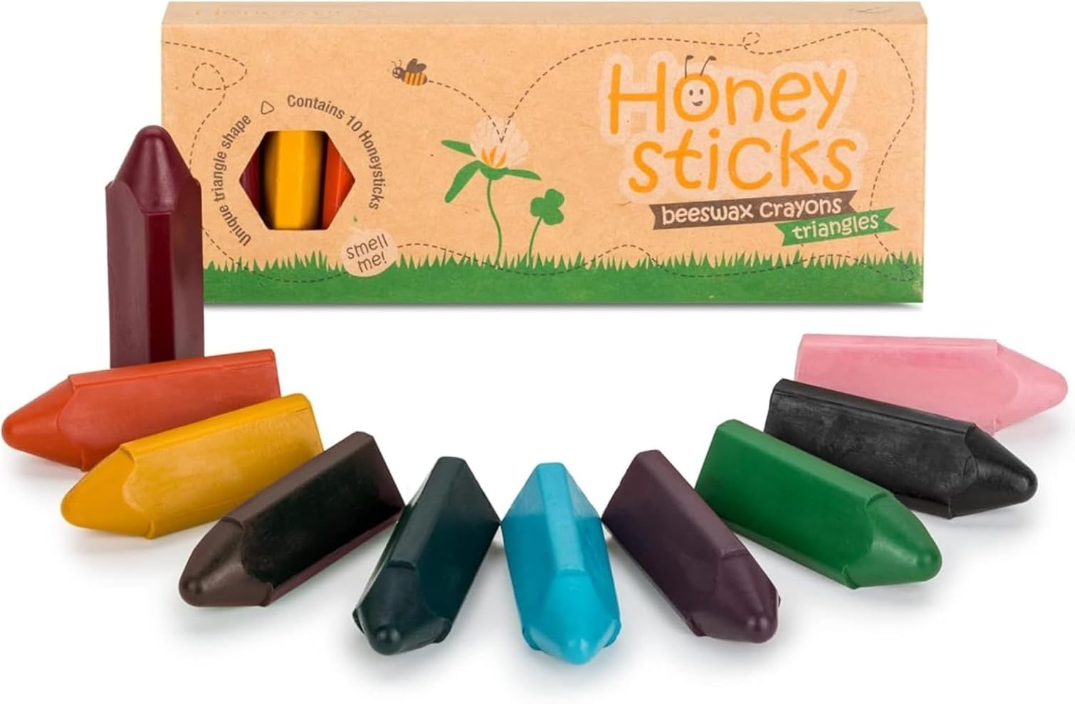 Honeysticks 100% Pure Beeswax Crayons - Easy Grip Triangle Crayons - Promotes Pencil Grip Development for Toddlers, Kids Ages 2-4 - Non Toxic, Food Grade Colours - Handmade in New Zealand - 10 Pack