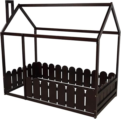 Miniatura 6 de Merax Cama de madera de tamaño individual, marco de cama con barandilla en forma de valla, espresso