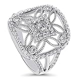 BERRICLE Rhodium Plated Sterling Silver Cubic Zirconia CZ Statement Art Deco Flower Cocktail Fashion Right Hand Ring Size 9