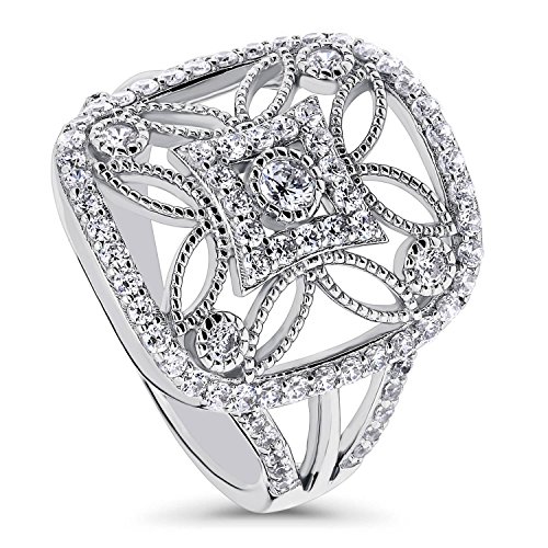 BERRICLE Rhodium Plated Sterling Silver Cubic Zirconia CZ Statement Art Deco Flower Cocktail Fashion Right Hand Ring Size 9