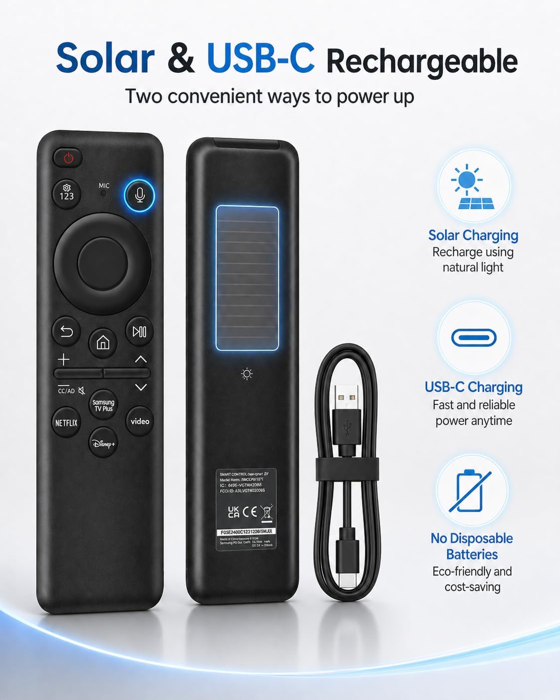 BN59-01455A Voice Remote Control Replacement for Samsung Smart TVs, Compatible with QLED OLED Frame TV S95C S90C S95D S90D LS03D Q60 Q70 Q80 QN85 QN90 Series, Solar USB-C Charging