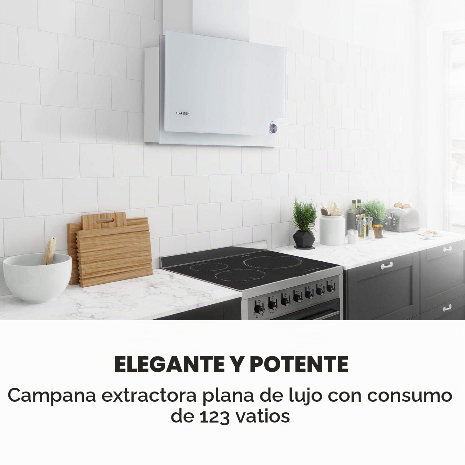 Klarstein Amelia - Campana extractora, Campana inclinada, Diseño plano, 123 W, 586 m³/h, Iluminación LED: 3 W, 3 niveles de potencia, Mando giratorio táctil iluminado, 60 x 47 x 23,5 cm, blanco