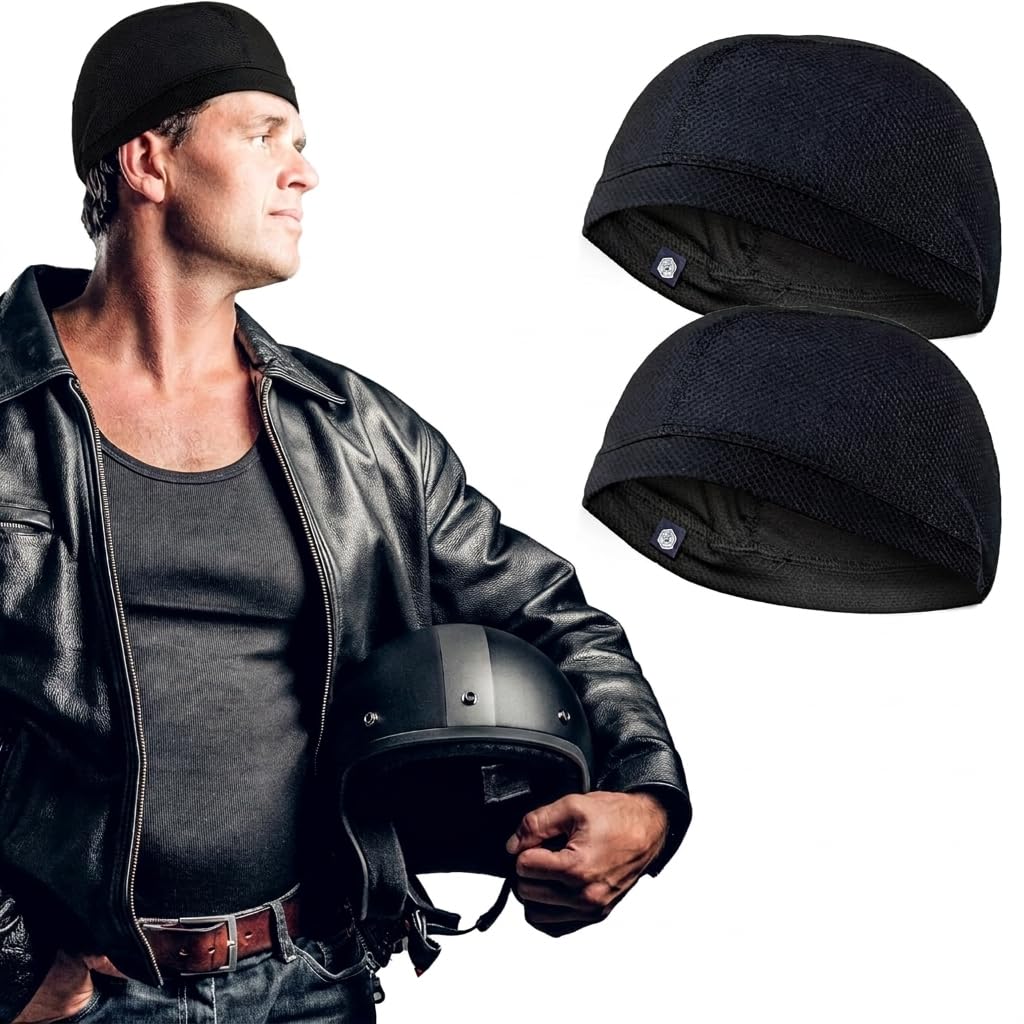 Boldfit Helmet Skull Caps for Men Bike Cotton Head Caps for Men Hair Inner Helmet Cover Cap for Bikers Sweat Cooling Skull Cap for Cycling, Skull Cap for Summer Helmet Cap for Men - Black Pack of 2-picture-27