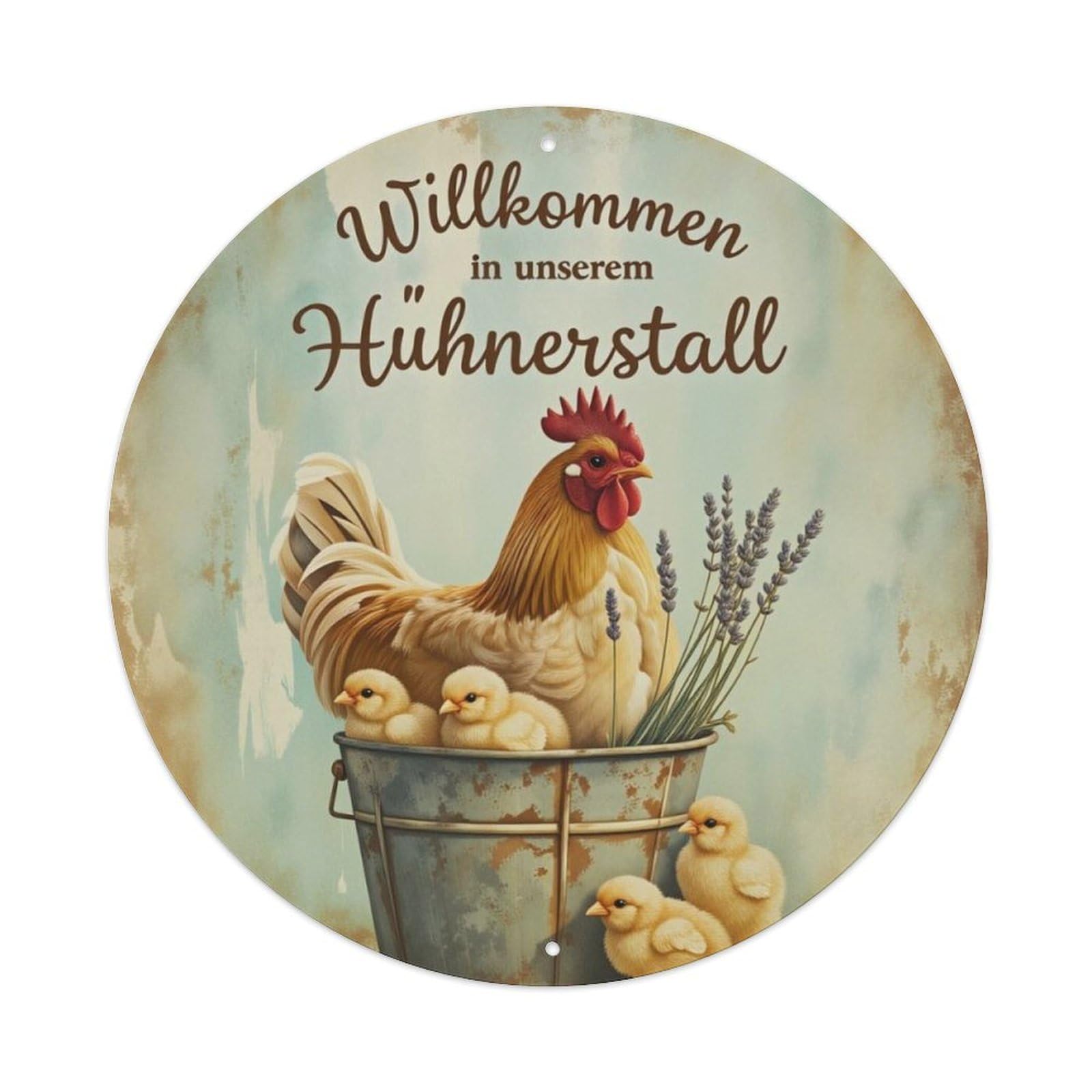 German Farm Hen Chicks Lavender Country Round Wall Sign Vintage Aluminium Metal Sign, Retro Wall Decor for Home, Bar, Garage & Farmhouse 20x20cm