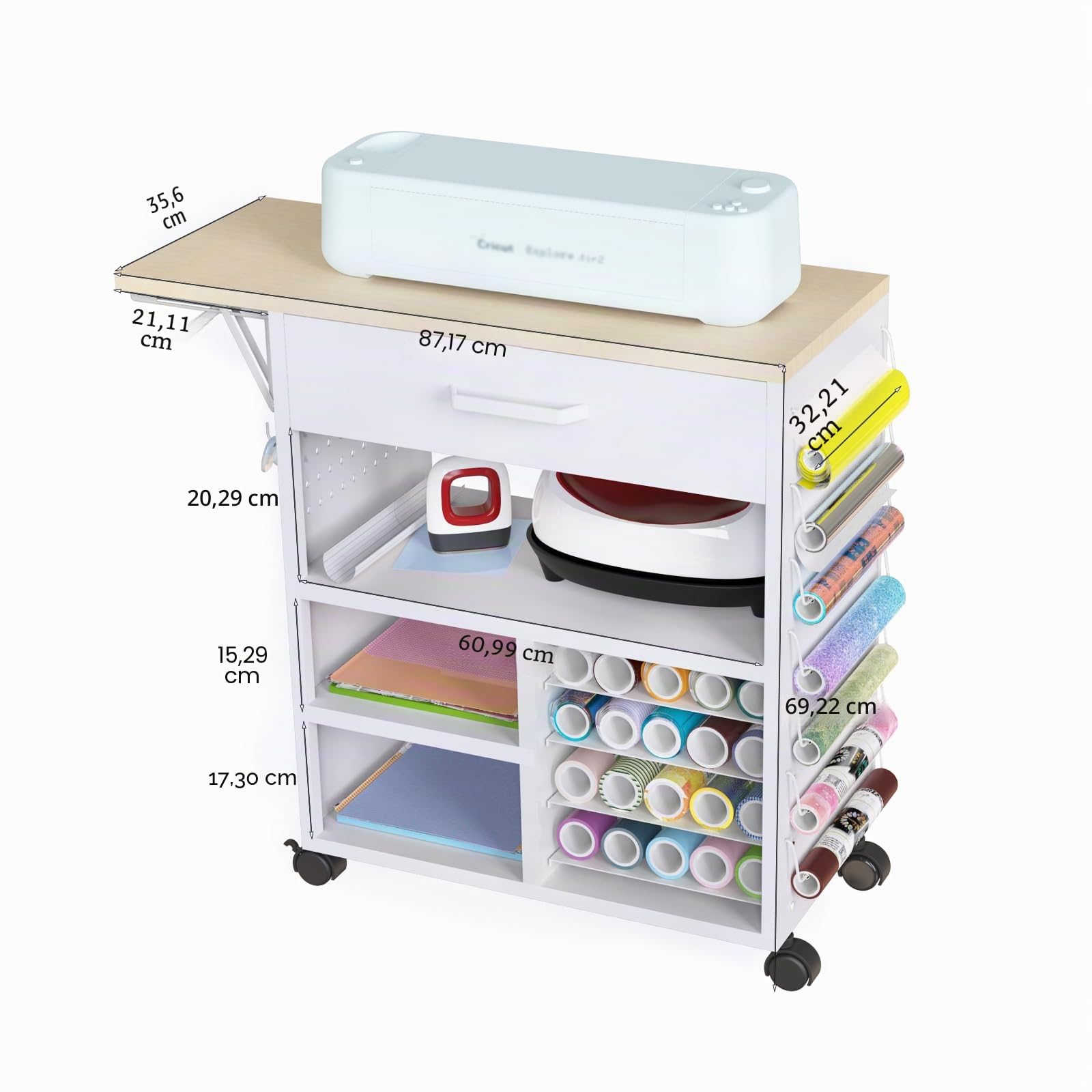 Rollwagen mit Heißpresswagen und Organizern, kompatibel mit Cricut-Maschinen, perfekte Bastelorganisation, Arbeitsplatz (weiß, 75 cm H), GYC-01